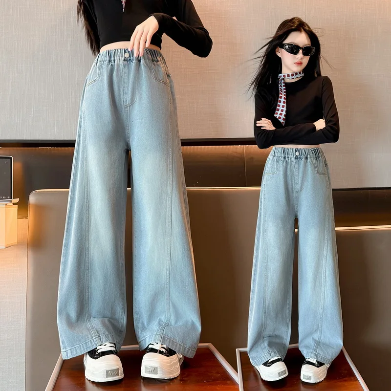 

Kids Retro Patchwork Jeans for Girls Casual Blue Washed Denim y2k Pants Children Spring Autumn Streetwear Jeans Trousers 4-14 T