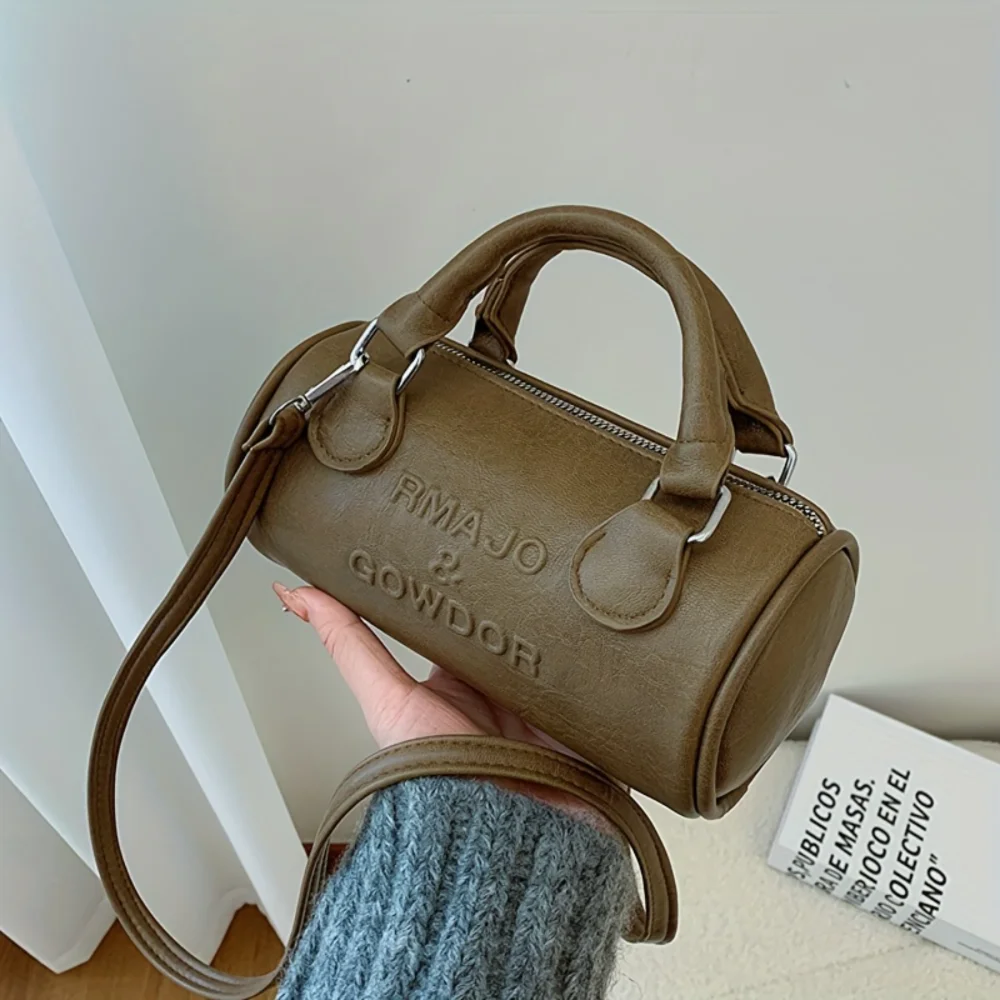 Vintage Retro PU Leather Mini Barrel Bag - Women's Boston Handbag for Shoulder & Crossbody