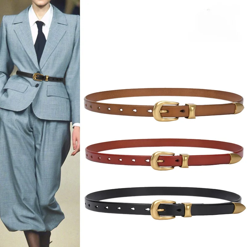 Genuine Leather Belt Women's High-grade Gold Vintage Button Cow Leather Top Belt with Decorative Jeans Coat Suit Luxury Belt