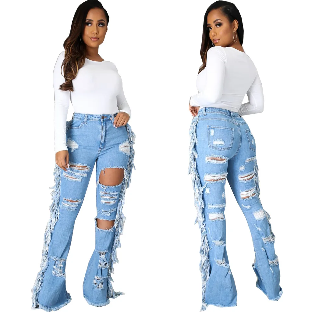 Women Jeans Long Pants Tassel Hole Denim Pant Slim Fit Casual Regular Button Pocket High Waist Elegant Splice Flare Trousers