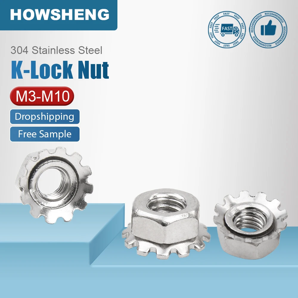 HOWSHENG 10-20pcs K Nuts with External Tooth Washer M3 M4 M5 M6 M8 Stainless Steel Kep Nuts K-Lock Nuts