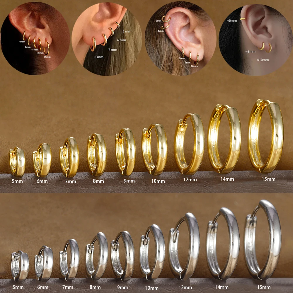 Pendiente de acero inoxidable de 5-15mm, pendiente minimalista clásico redondo de Color dorado para mujeres y hombres, pequeño Huggie Hoop Rock, regalo de joyería