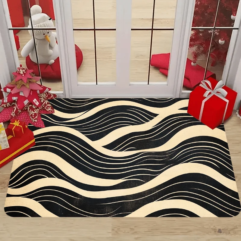 1pc Black & Beige Wave Pattern Mat Mat - Plush Soft Viscose-like Indoor Outdoor Door Mat, Shading Striped Mat for Entryway, Bath