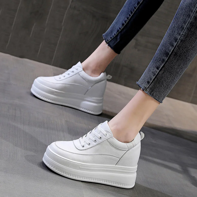 CXJYWMJL Genuine Leather Women Platform Sneakers Wedgies Spring Casual Vulcanized Shoes Ladies Thick Bottom Court Sneakers White