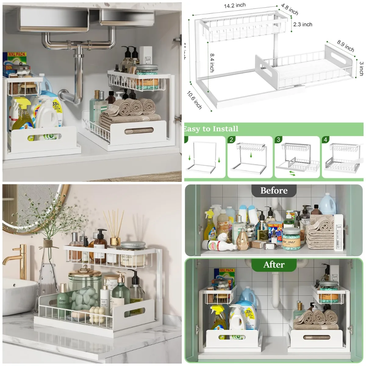 

Under Sink Organizer, 2-Tier Pull-Out Shelf, White, 2-Pack