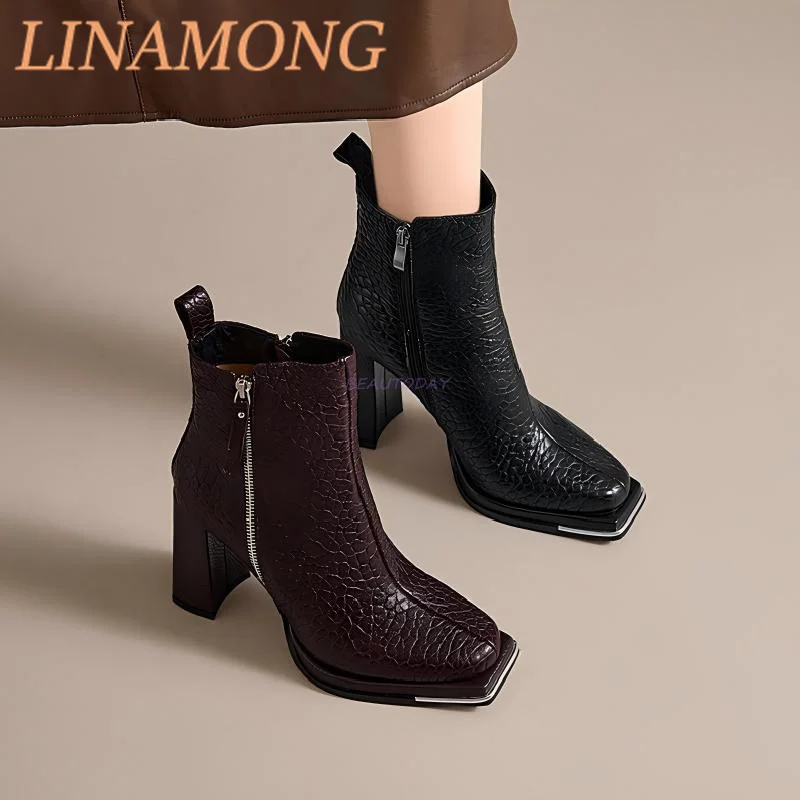 

Metal Square Toe Short Boots Thick Heels and Side Zippers Versatile In Temperament Thick Soled High Heels Fashionable Boots