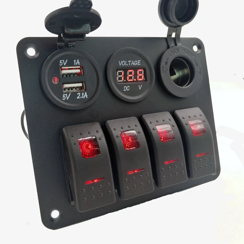 4 Gang 12-24V Rocker Switch Panel With 3.1A Dual USB Charger Digital Voltmeter Waterproof For Car Marine Boat Yacht