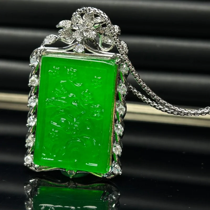 

Certified Natural Perfect high Ice Green jade Jadeite amulet Pendant&NecklaceFlowers and Birds