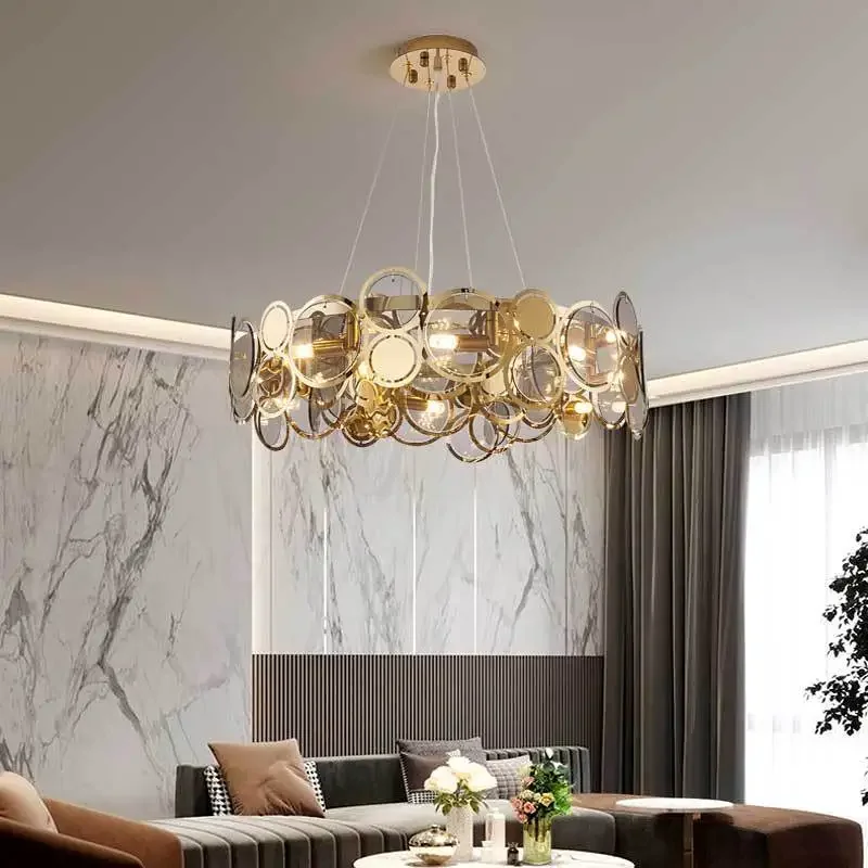 Modern Gold Crystal Chandeliers Round Ring Led Pendant Lamp for Living Room Lustre Salon Design Luxe Home Decor Hanging Lighting
