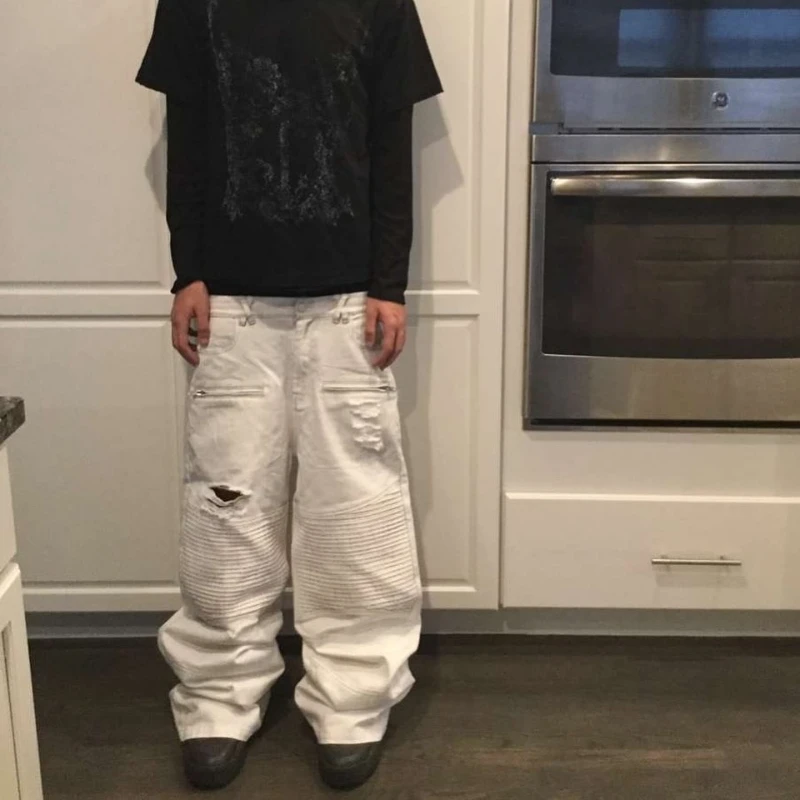 Y2K Retro Biker Denim Pantaloni Tasca con cerniera Fori in difficoltà Jeans increspati New Trendy High Street Streetwear Pantaloni larghi unisex