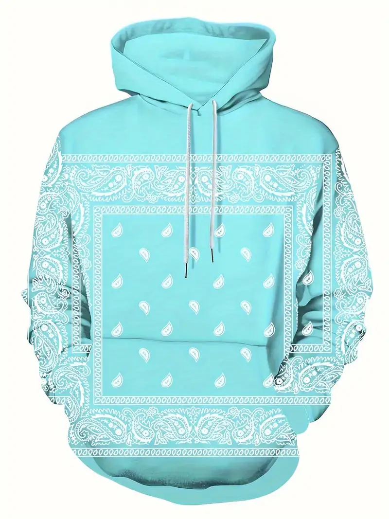 3D Retro Bandana Print Hoodie For Men\'s Casual Cool Pullover Hooded Sweatshirt With Kangaroo Pocket Streetwear For Summer Autumn