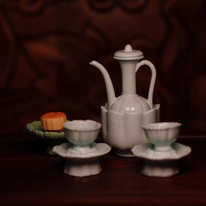 Dollhouse Mini Chinese Ancient Style Imitation Song Dynasty Celadon Hand-held Teapot Tea Cup Model Dollhouse Kitchen Accessories