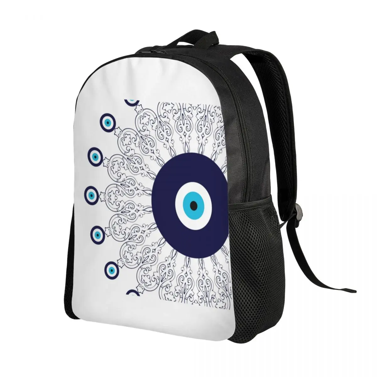 Navy Blue White Mediterranean Evil Eye Mandala Backpack Water Resistant School College Bohemian Boho Bag Print Bookbags