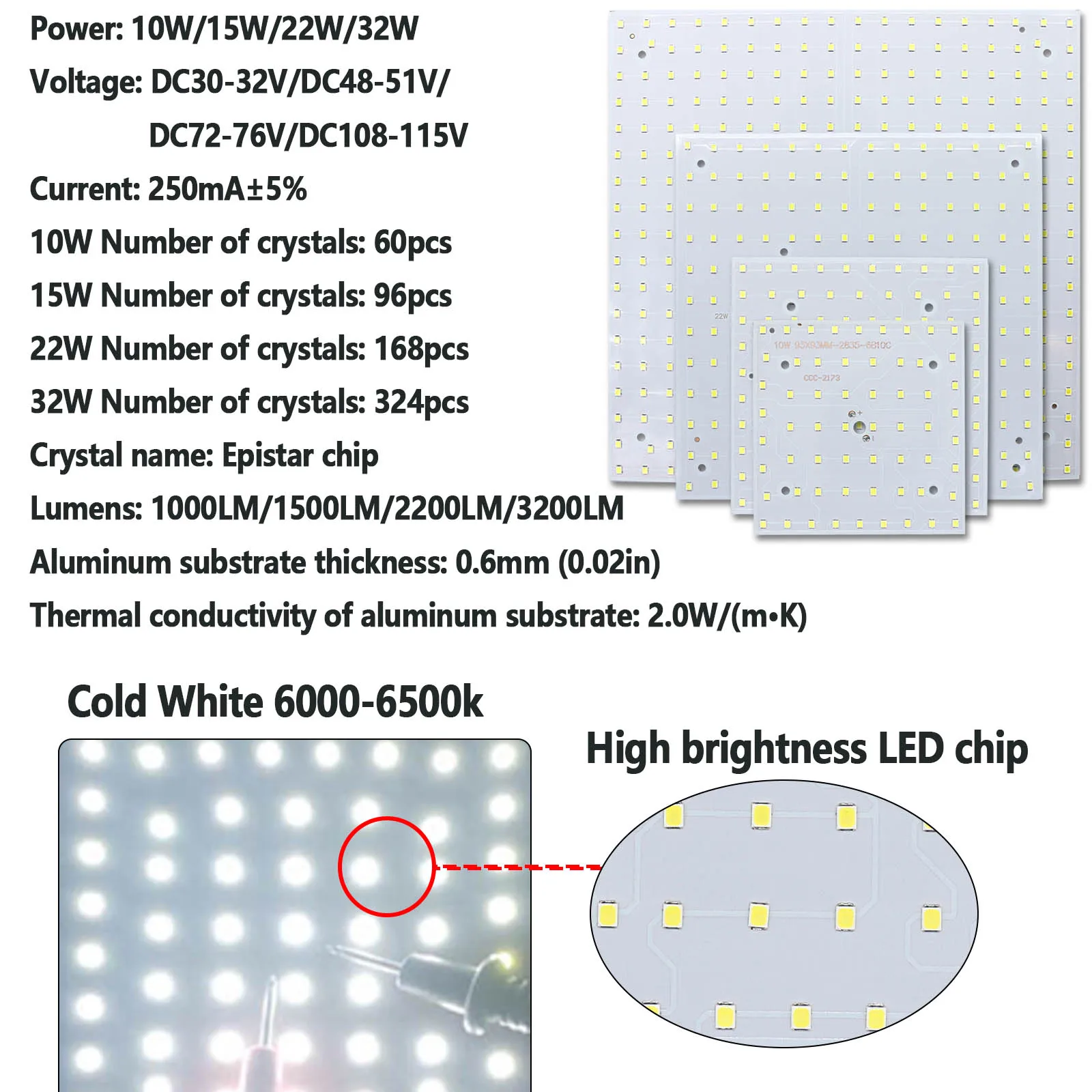 LED DC30-32V DC48-51V DC72-76 DC108-115V Luce di pannello 250mA Lampada a LED Perlina Diodo Bianco freddo LED Quadrato Soffitto Scheda lampada