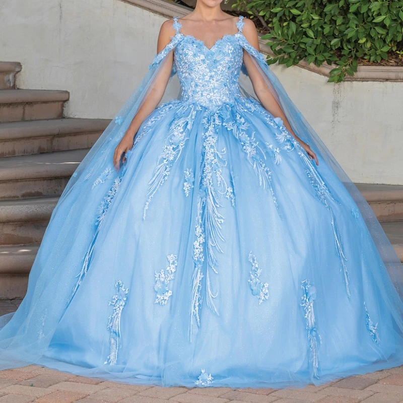 Luxury Sky Blue Quinceanera Dresses Applique Lace Beads With Cape Ball Gown Sweet 16 Year Princess Dress For 16 Years vestidos