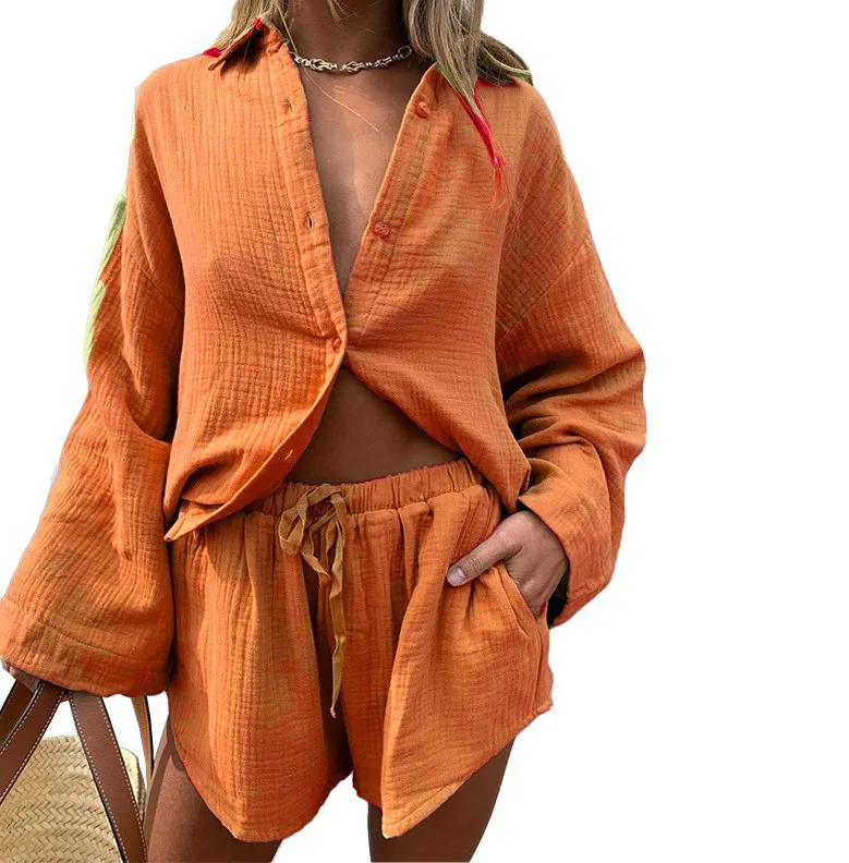 Camicia casual in cotone e lino Set di pantaloncini Camicie con maniche svasate alla moda Completi Camicie larghe primavera estate + pantaloncini Set di due pezzi