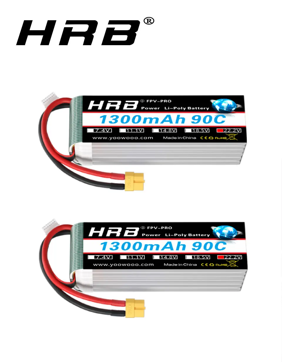 1/2 Pezzi Batteria Lipo HRB 6S 22.2V 1300mAh 90C con Connettore XT60 per Auto RC 1/12 1/16, Camion RC, Barca RC, Aeroplano RC