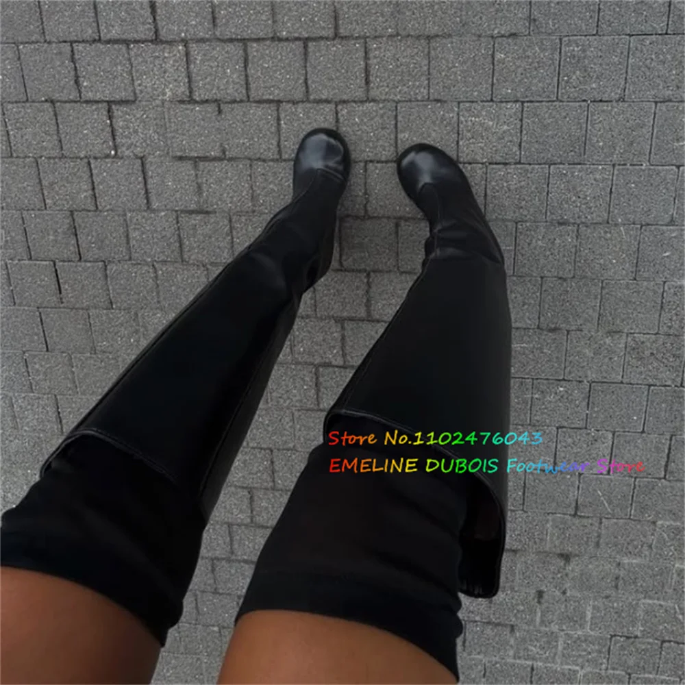 Black Pu Leather Knee High Boot Women Sexy Round Toe Stiletto Heel Slip On Solid Color Plus Size Luxury Design Long Boot