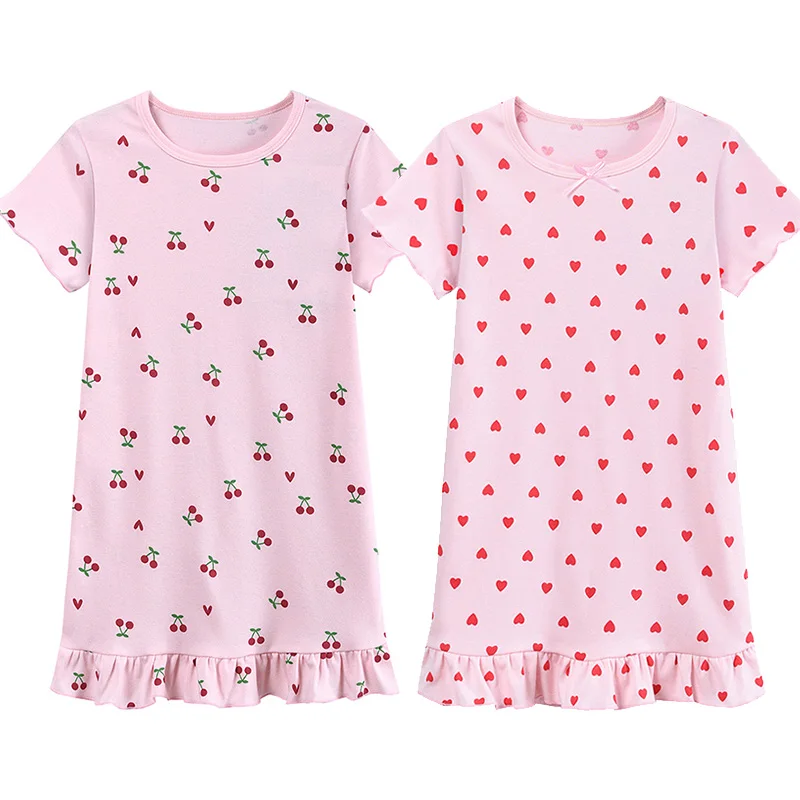 Little Hand Girls Short Sleeve Nightgown Cherry Red Heart Print Summer Sleep Dress Kids Ruffle Hem Soft Fabric Loungewear 3-10T
