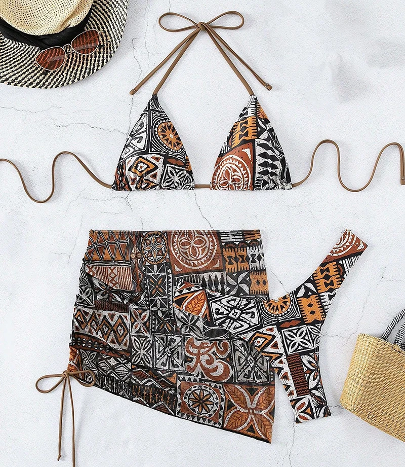 Sexy Bikini 2026 Bohemia Swimsuit Women Lace Up Bathing Suit Low Waist Bikinis Sets Sheer Wrap Skirt Three Piece Swimwear