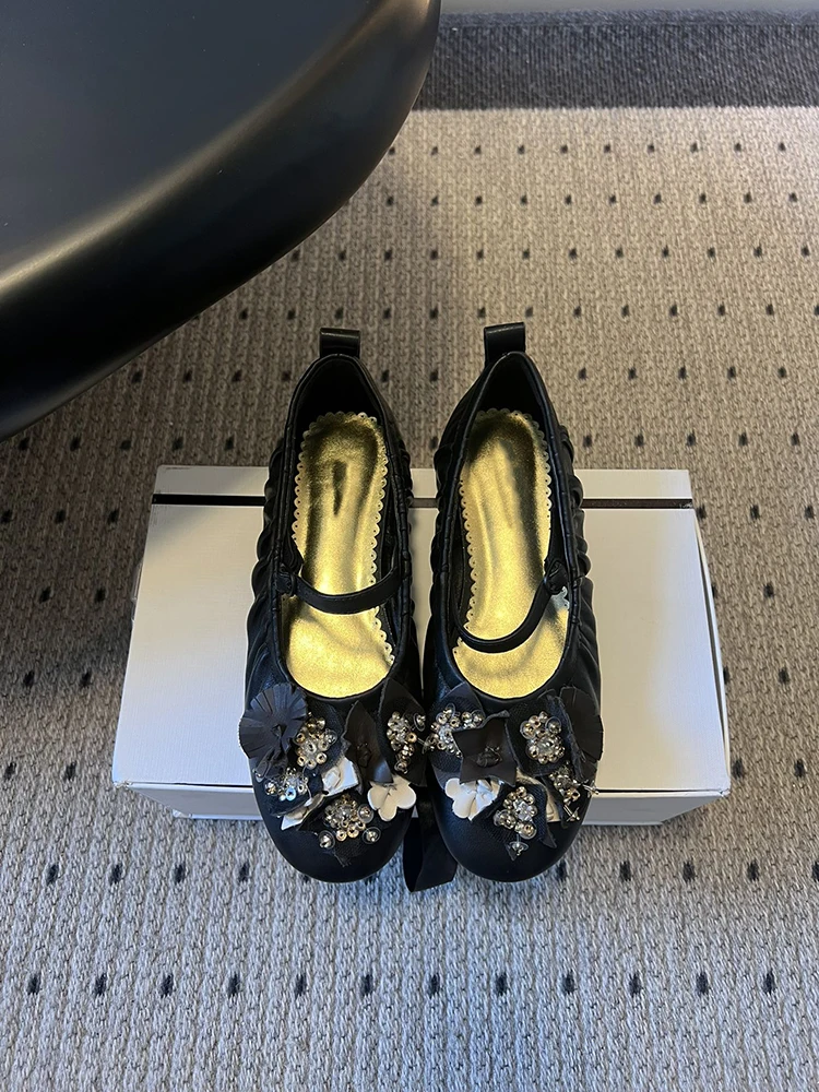 

Spenneooy Весна-лето Женщина Новый стиль Блестки Аппликация Водяная дрель Круглая головка Дизайн Мэри Джейн Туфли на плоской подошве Повседневная обувь