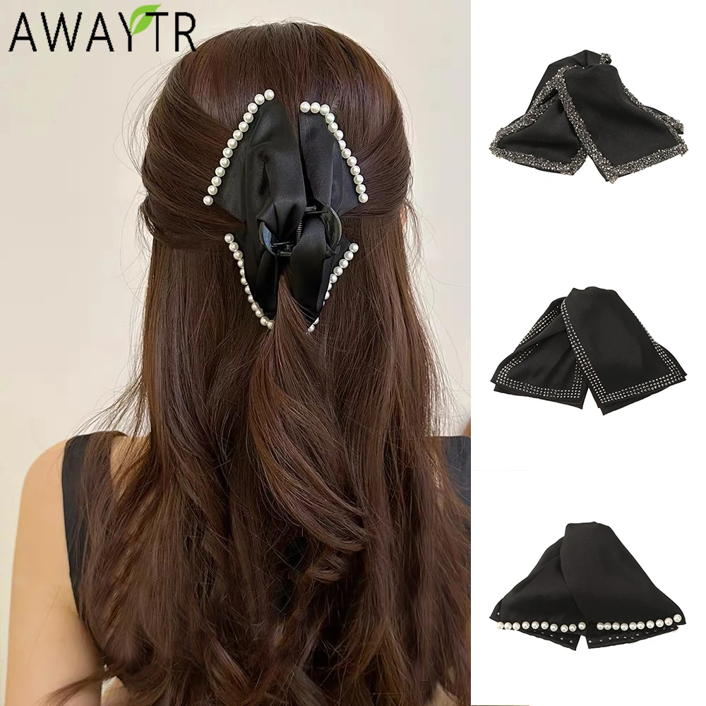 AWAYTR Luxury Black Bowknot Hair Claws Farbic Hair Clips Crab For Women Girl Gift Hair Accessories Valentine Headwear