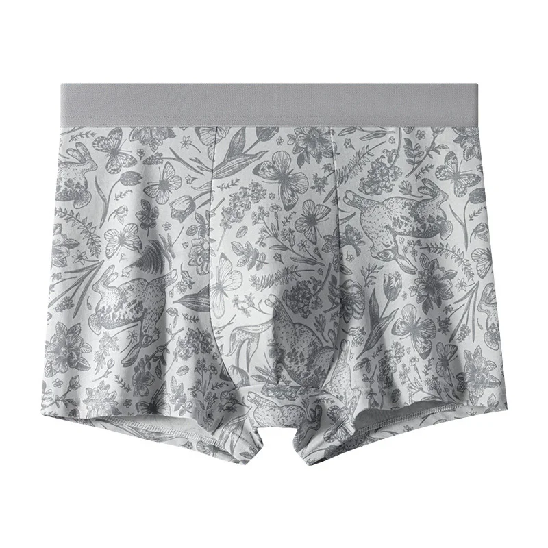 Men's 3 Pack Cotton Underwear, Elegant Retro Botanical Rabbit Print Boxer Briefs, Wide Color-Matched Elastic Waistband