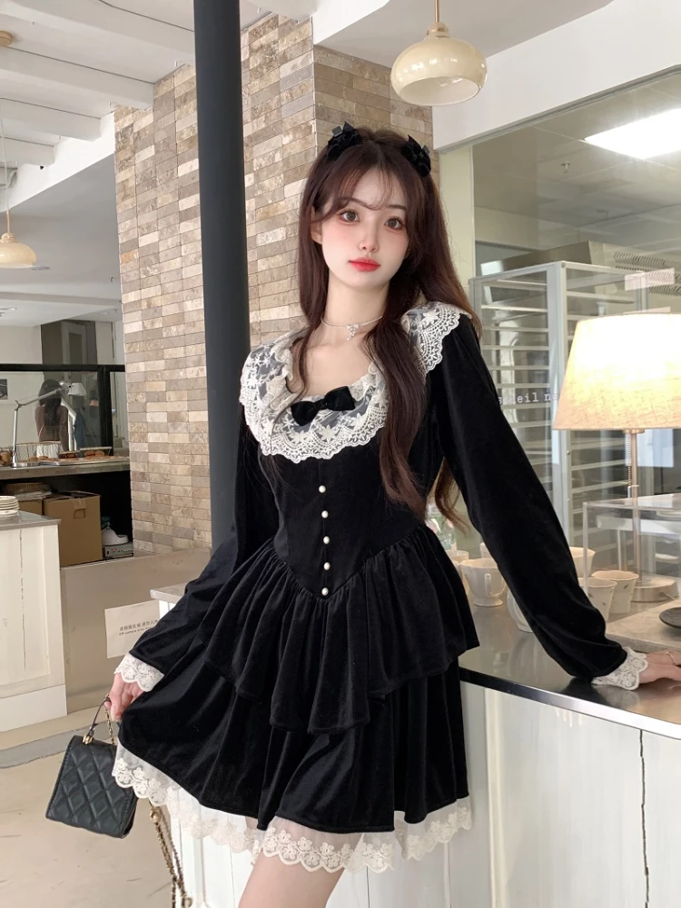 U-neck Mini Dress Women Lace Wave Cut Velvet Defined Waist Gentle Bow Temperament Princess Style Sweet Girls Long-sleeve Chic