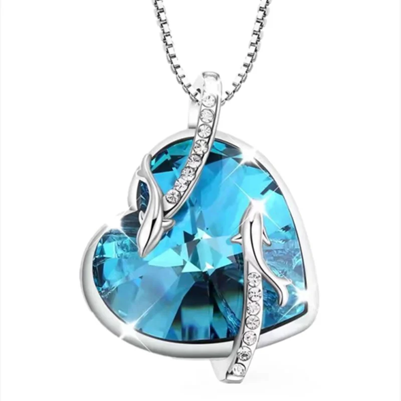 Fashion Dolphin Necklace Heart Sapphire Zircon Crystal Pendant Engagement Necklaces for Women Animal Jewelry Anniversary Gift