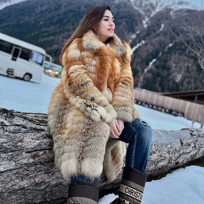 Natural Fox Fur Woven Coat Women Streetwear Winter Luxury Straight Outertwear Long Sleeve Thick Genuine Real Fox Fur Jacket Lady