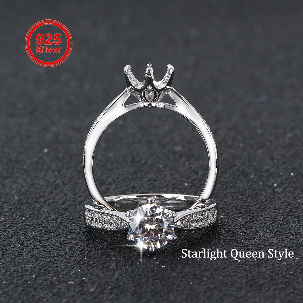 

S925 Sterling Silver Ring Setting Fixed Size, Fits 6.5mm Round 1ct Stone, Star Queen Style DIY Jewelry Making Base