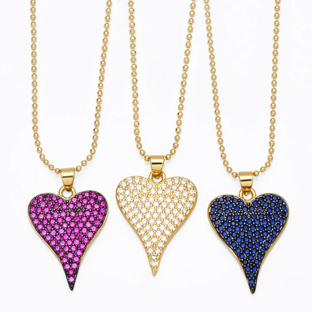 FLOLA Romantic Fuchsia Heart Necklace for Women Copper Zircon Gold Plated Beads Necklace Fashion Crystal Jewelry Gifts  nkeb117