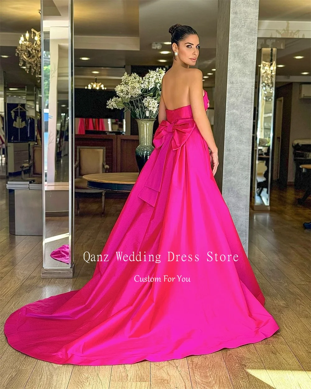 Qanz Fuchsia Sweetheart Customized Evening Dress Long A Line Satin Backless With Bow Ruffles Prom Gown Formal Dress Vestido Gala