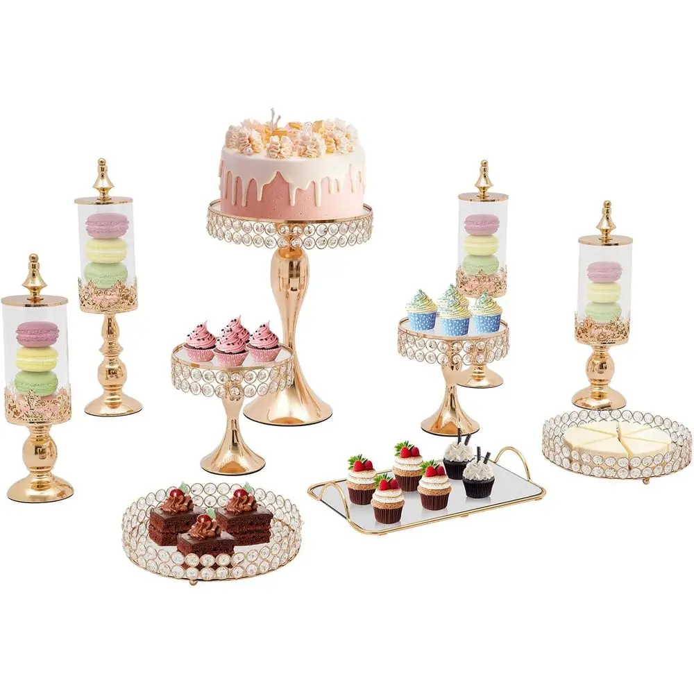 

10-Piece Modern Gold Cake Stand Set with Crystal Chains for Party Dessert Displays