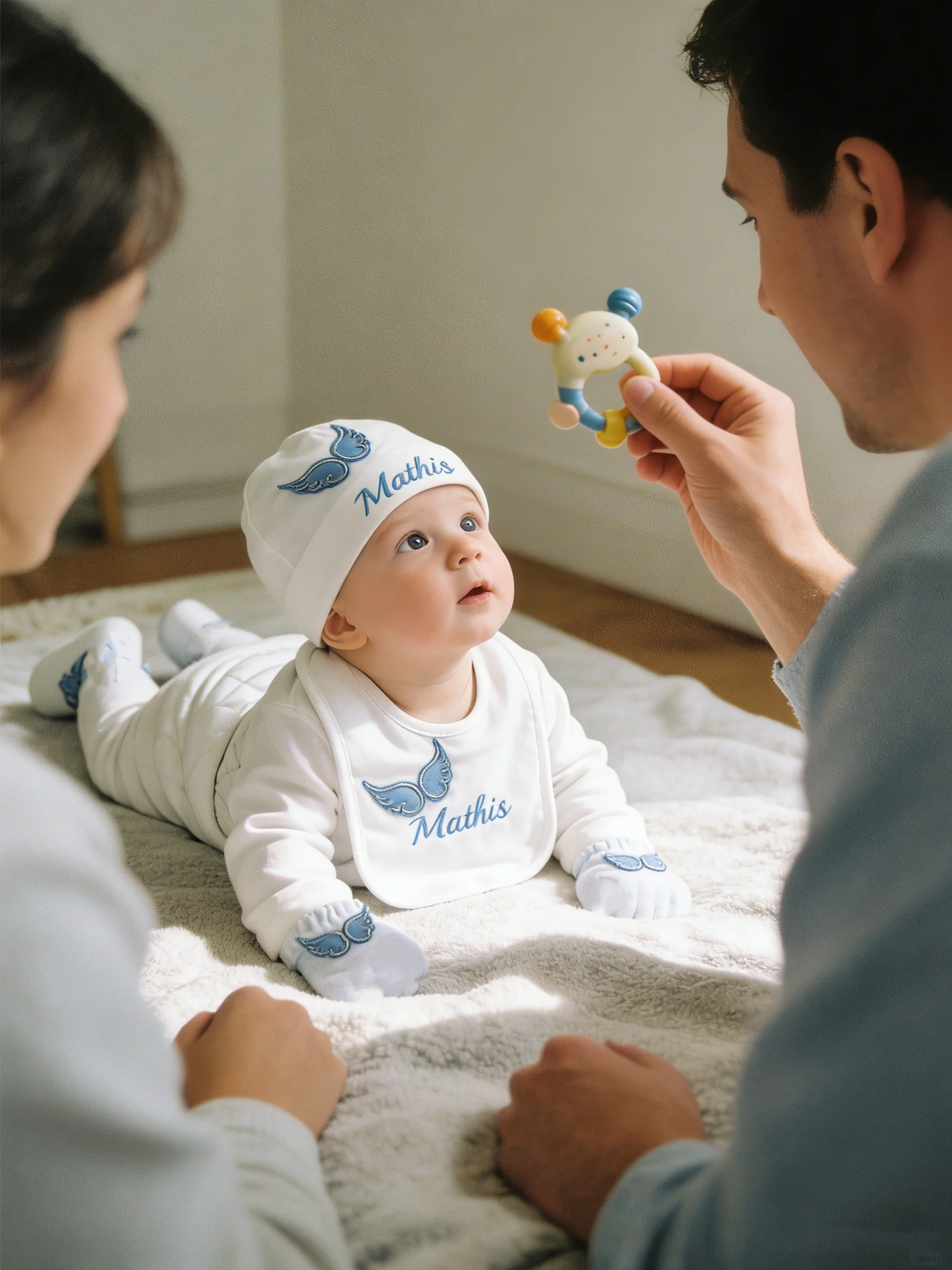 男の子用ブルーエンジェル衣装セット-ロンパース、帽子、靴、ミトン、よだれかけ、羽根付きおくるみ-ベビーシャワーギフト、王子様スタイルの新生児服