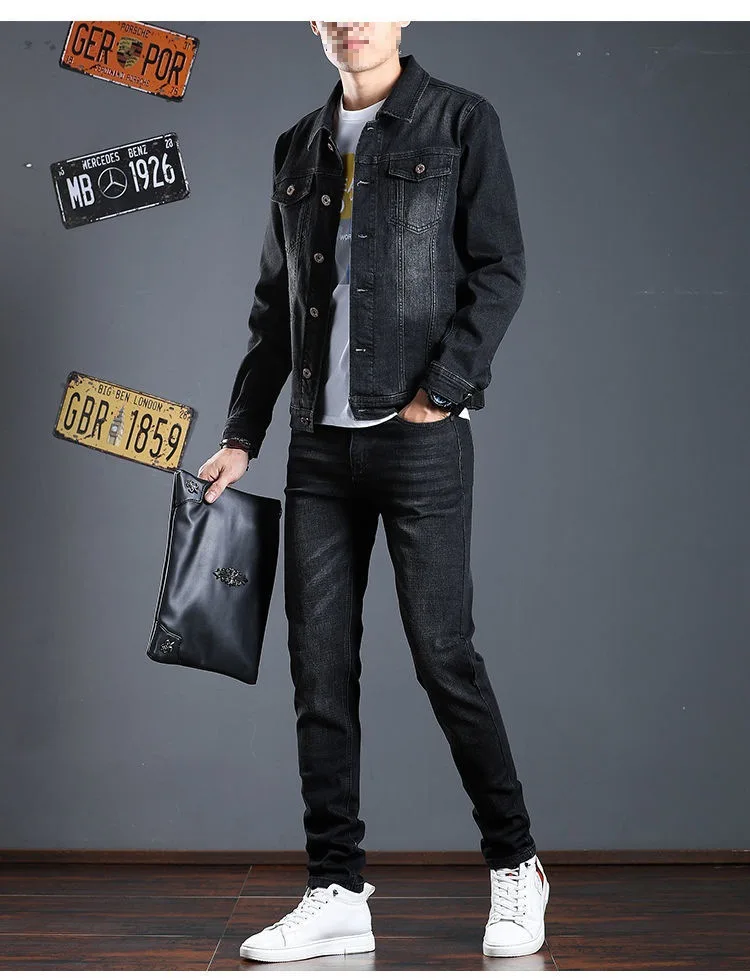 

2025 Light Blue Men's Slim Fit Denim Jacket & Jeans Set - Smart Casual Wear for Spring Autumn