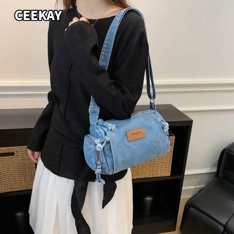 

CEEKAY Light Blue Denim Pillow Shape Shoulder Bag Soft Jean Fabric Fringe Edge Lightweight Ladies Daily Street Portable Handbag