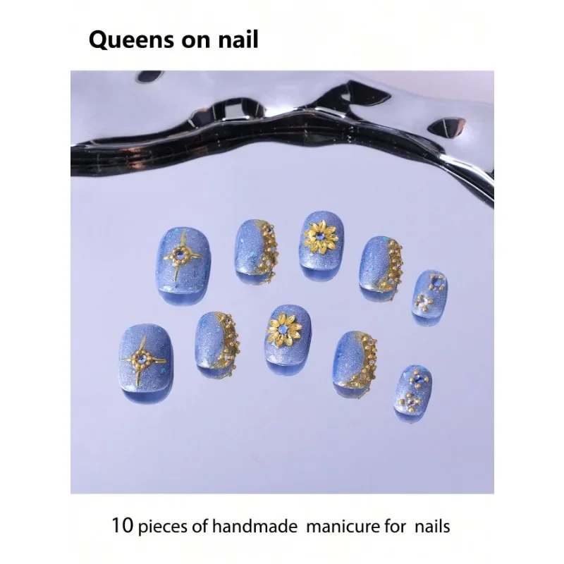 

10pcs Handmade press on Nails Short Ballet Shape Fake Nails Golden Chrysanthemum/Rose Decoration