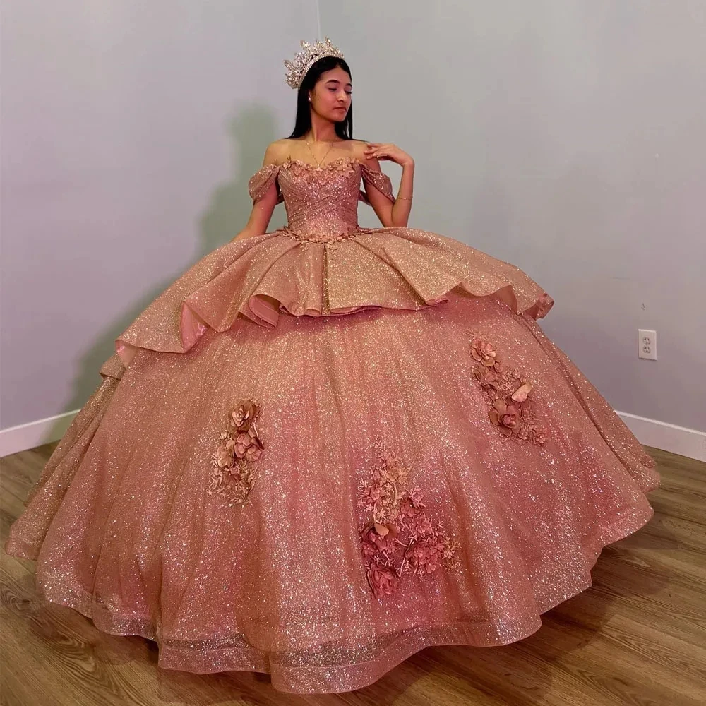 Vestidos de Quinceañera de princesa, vestido de baile con hombros descubiertos, Floral brillante, dulce 16, 15 Años, mexicano