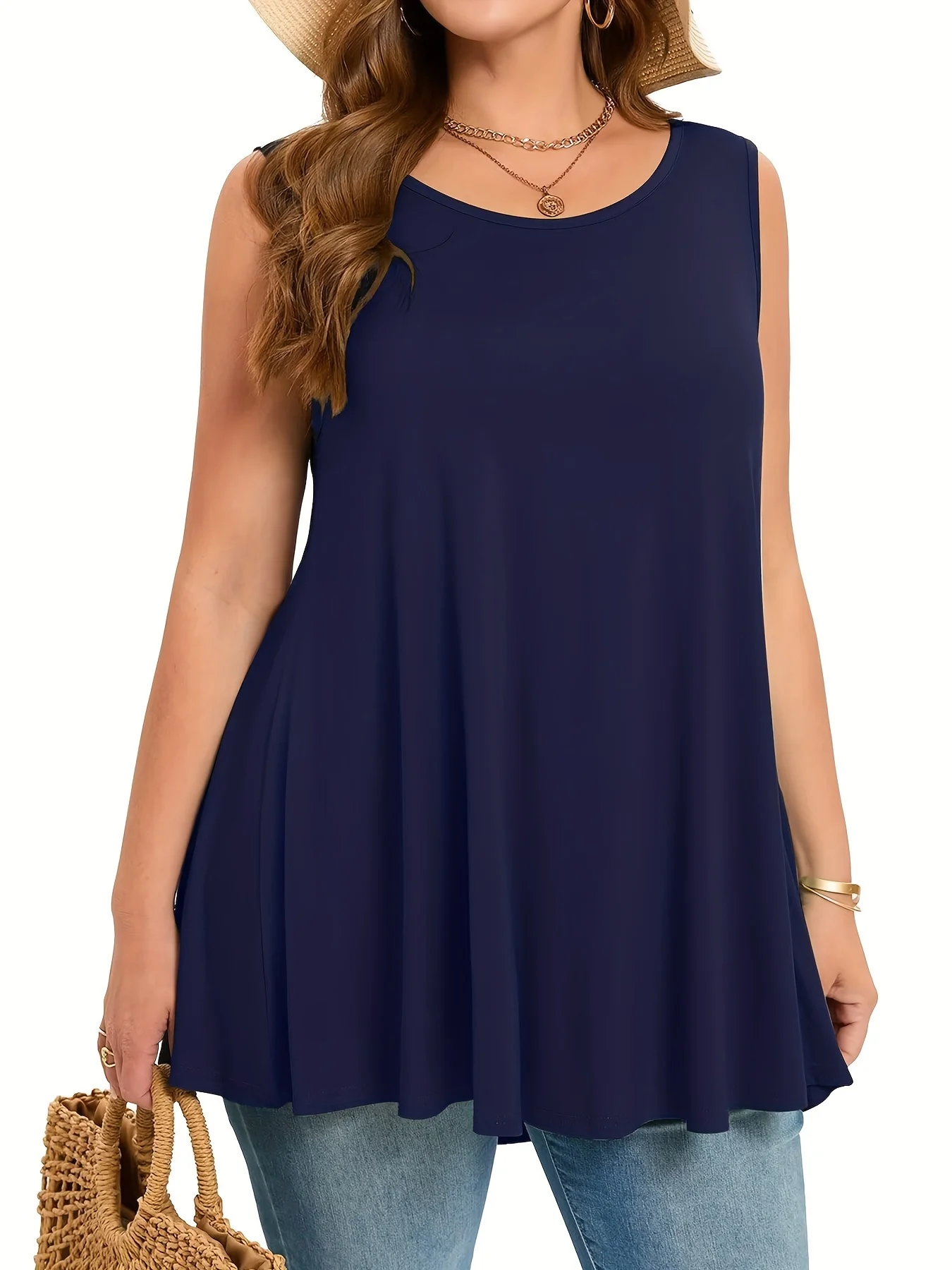 Canotta semplice e solida taglie forti Canotta casual girocollo senza maniche per abbigliamento estivo taglie forti da donna