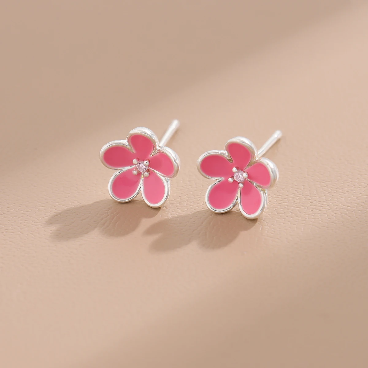 Cute Literary Flower 925 Sterling Silver Pink Epoxy Crystal Stud Earrings