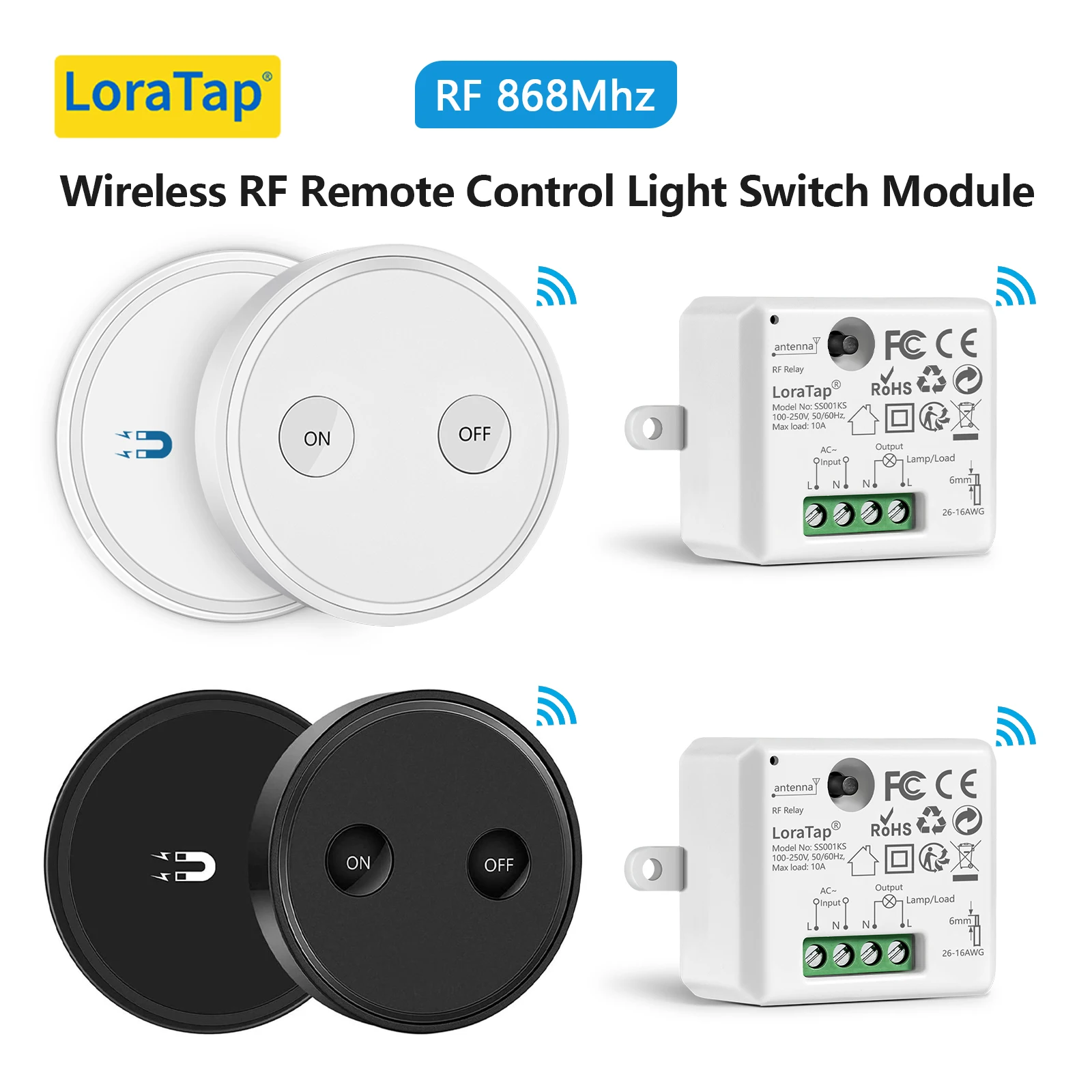 LoraTap 10A Wireless Socket Switch Relay Module RF 868Mhz Remote Control ON/OFF with Magnetic Remote Base Easy to Install