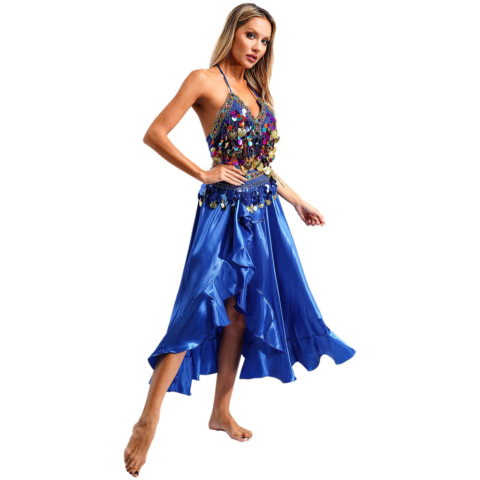 Womens Belly Dance Outfit Sparkly Sequins Halter Self-tie Padded Belly Bra Crop Top with Irregular Ruffled Skirt Waist Chain