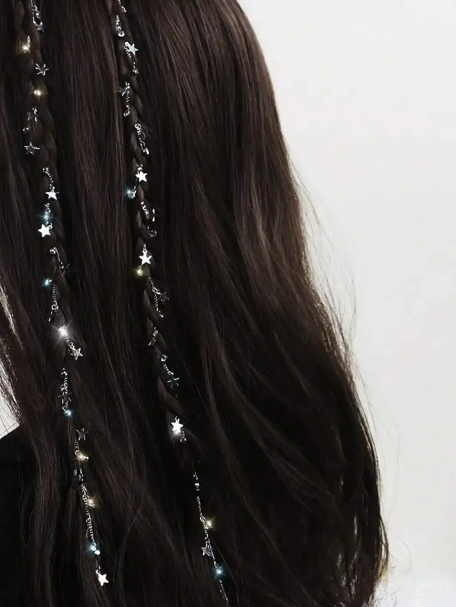

2pcs Star Rhinestone Braided Hair Chain For Women Hair Jewelry Tassel Chain Hairpin Accessories