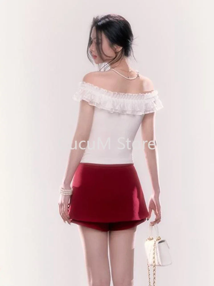 2000s Elegant Sweet 2 Piece Set Women Casual White Slim Tops + Red Y2k Mini Skirt Pants Spicy Girls Korean Fashion Suit Chic