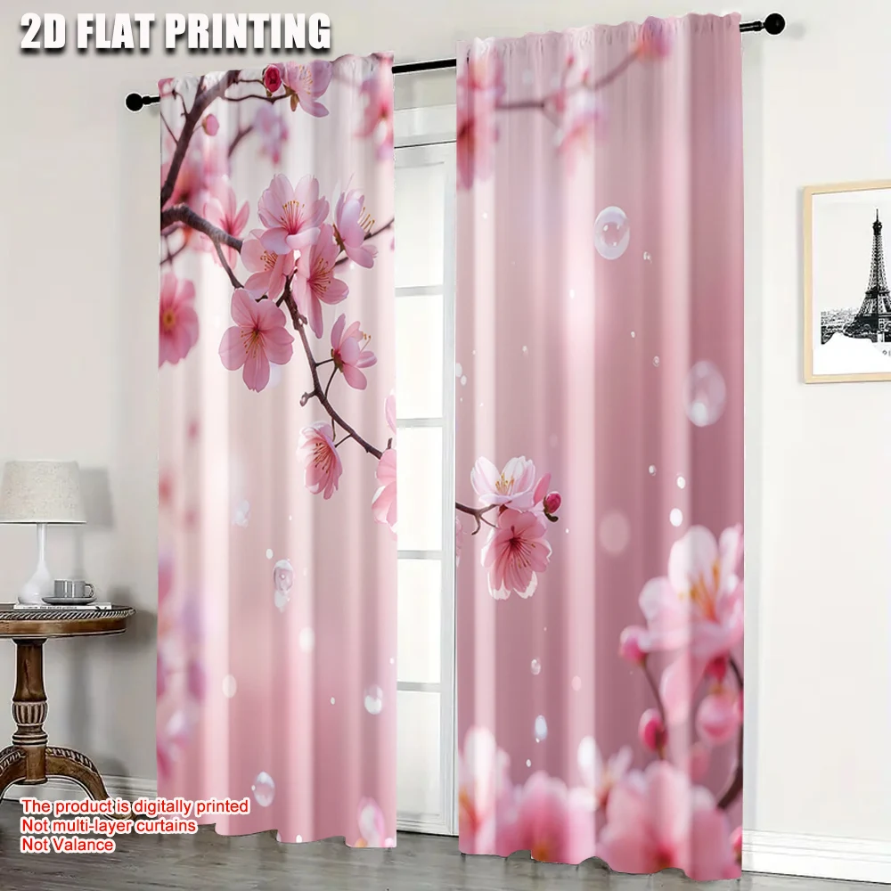 2pcs,2D plane printing Minimalist Curtains Cherry blossom spring scenery Durable Polyester (without rod) Decorations Inside