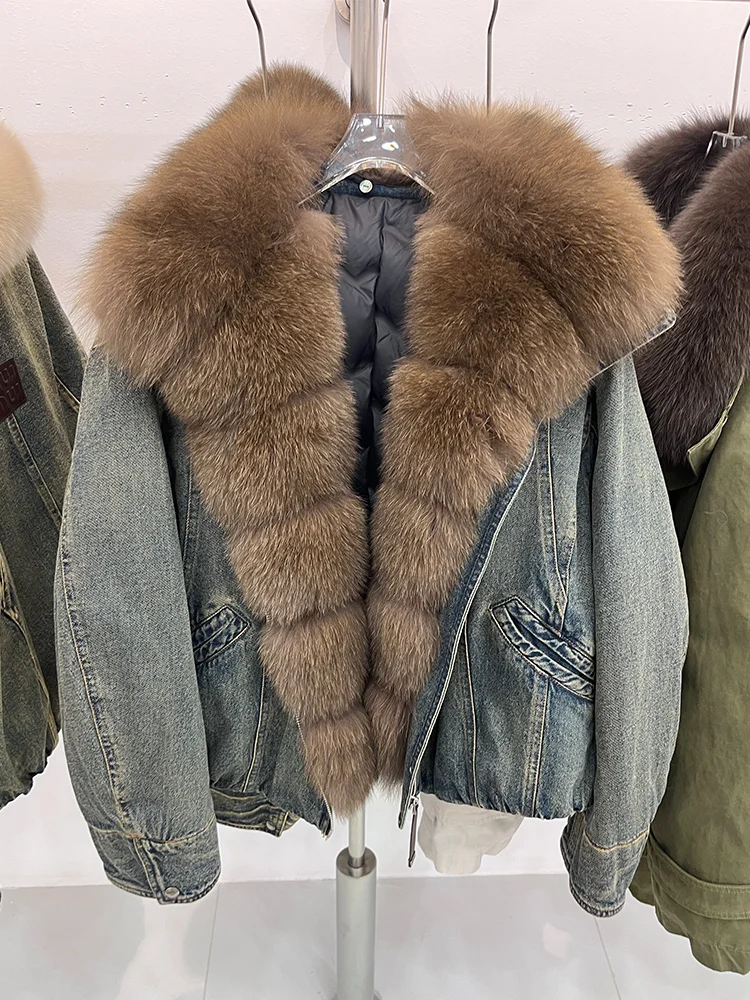 Neue Winter Luxus Weibliche Denim Jacke frauen Gans Unten Jacke Natürliche Echt Fox Pelz Kragen Mäntel Outwear