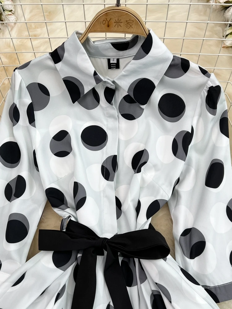 夏のファッション デイジー柄 ロングドレス カラー オルト スベ スリムフィット 水玉模様 Aライン ドレス ハイウエスト コントラクション