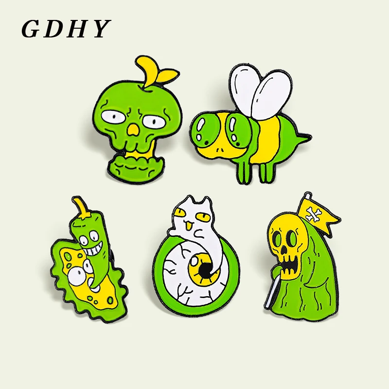 GDHY Green Ghost Death Skeleton Enamel Pin Eyeball Big eyed Bee Bitter Melon Chili Brooch Badge Lapel for Women Jewelry Broche