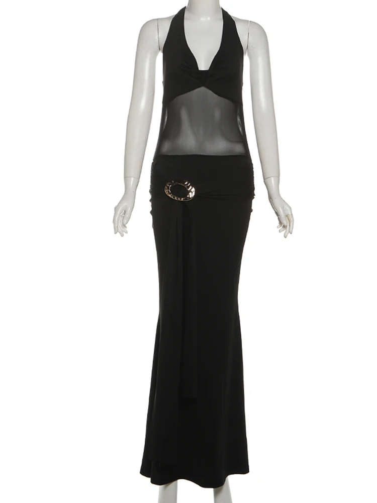 Sisterlinda Anello in metallo Nastro Abito lungo Donna Maglia Patchwork Halter Collo basso Backless Senza maniche Abiti da ballo di mezzanotte